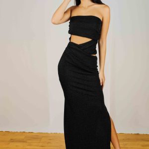 CT30727 VESTIDO MIDI CUT OUT PALABRA DE HONOR LUREX NEGRO