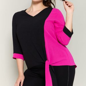 Blusa Bicolor con Nudo Lateral y Mangas 3/4.