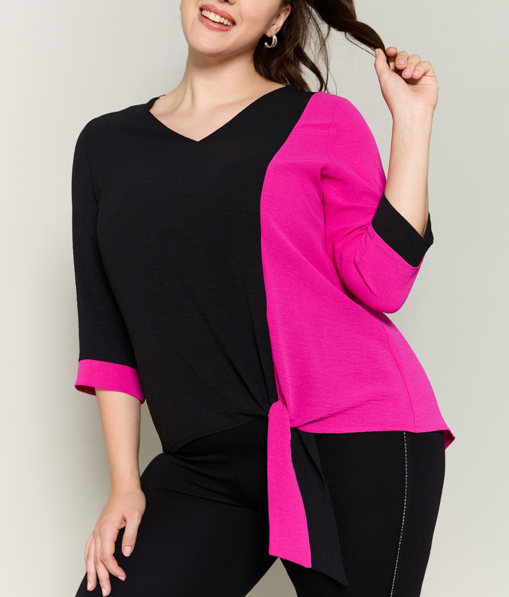 Blusa Bicolor con Nudo Lateral y Mangas 3/4.